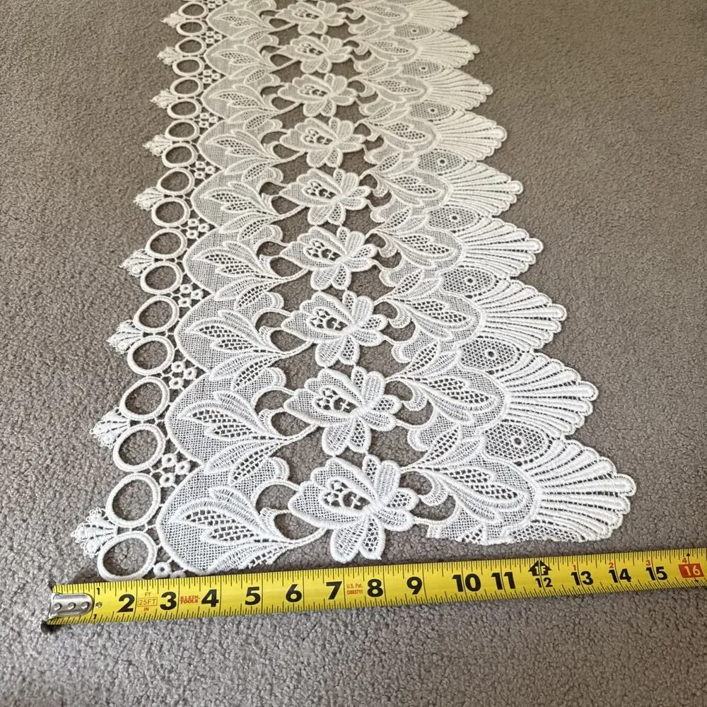 Ivory Guipure Lace Table Runner Floral Scalloped 64” x 15” Dresser Boho Vtg